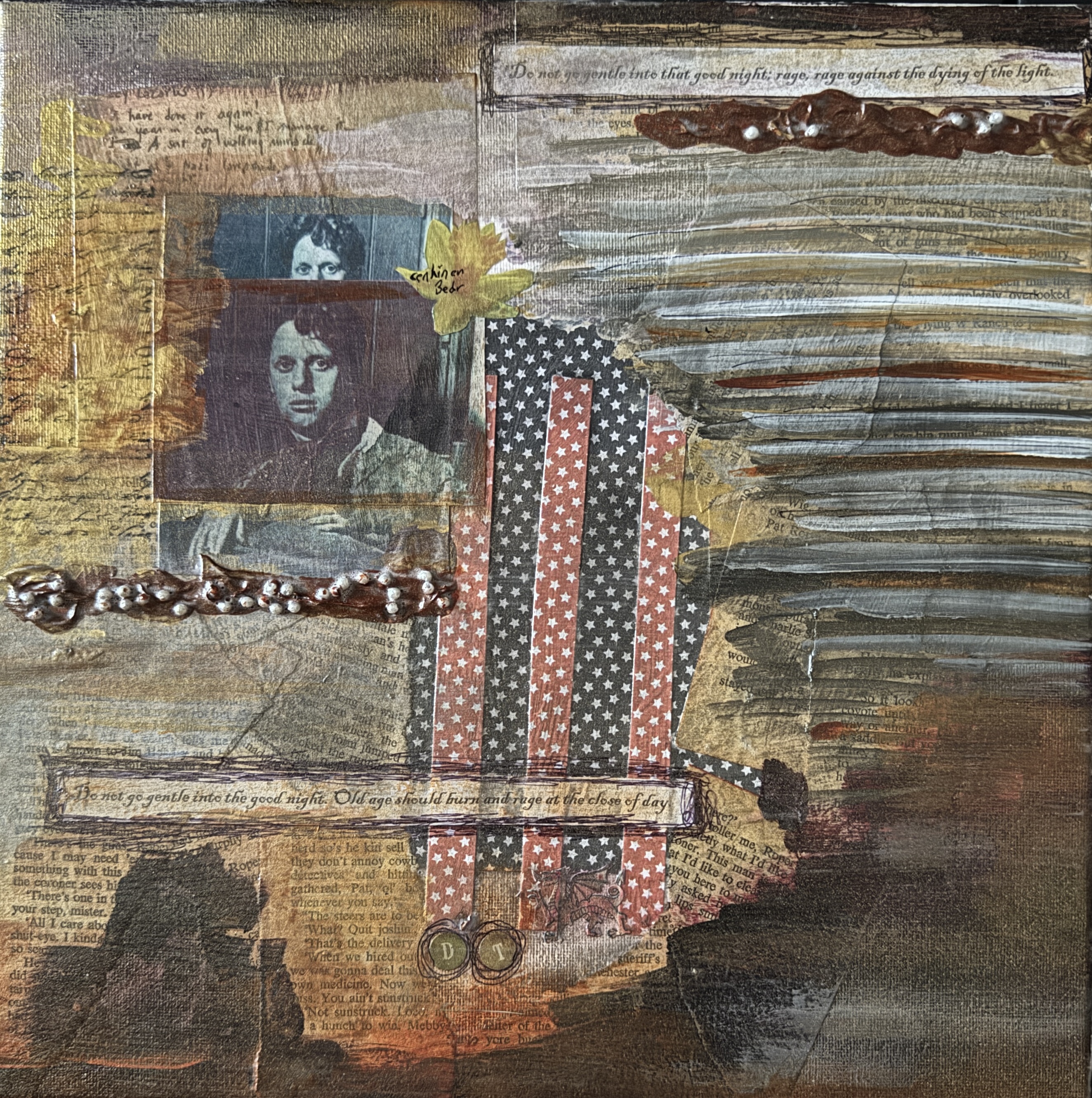 Scriveners: Dylan Thomas, Mixed Media Assemblage on Canvas 12x12