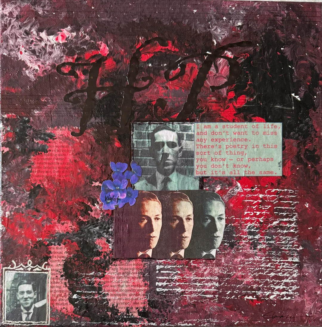 Scriveners: Howard Phillips Lovecraft, Mixed Media Assemblage on Canvas 12x12