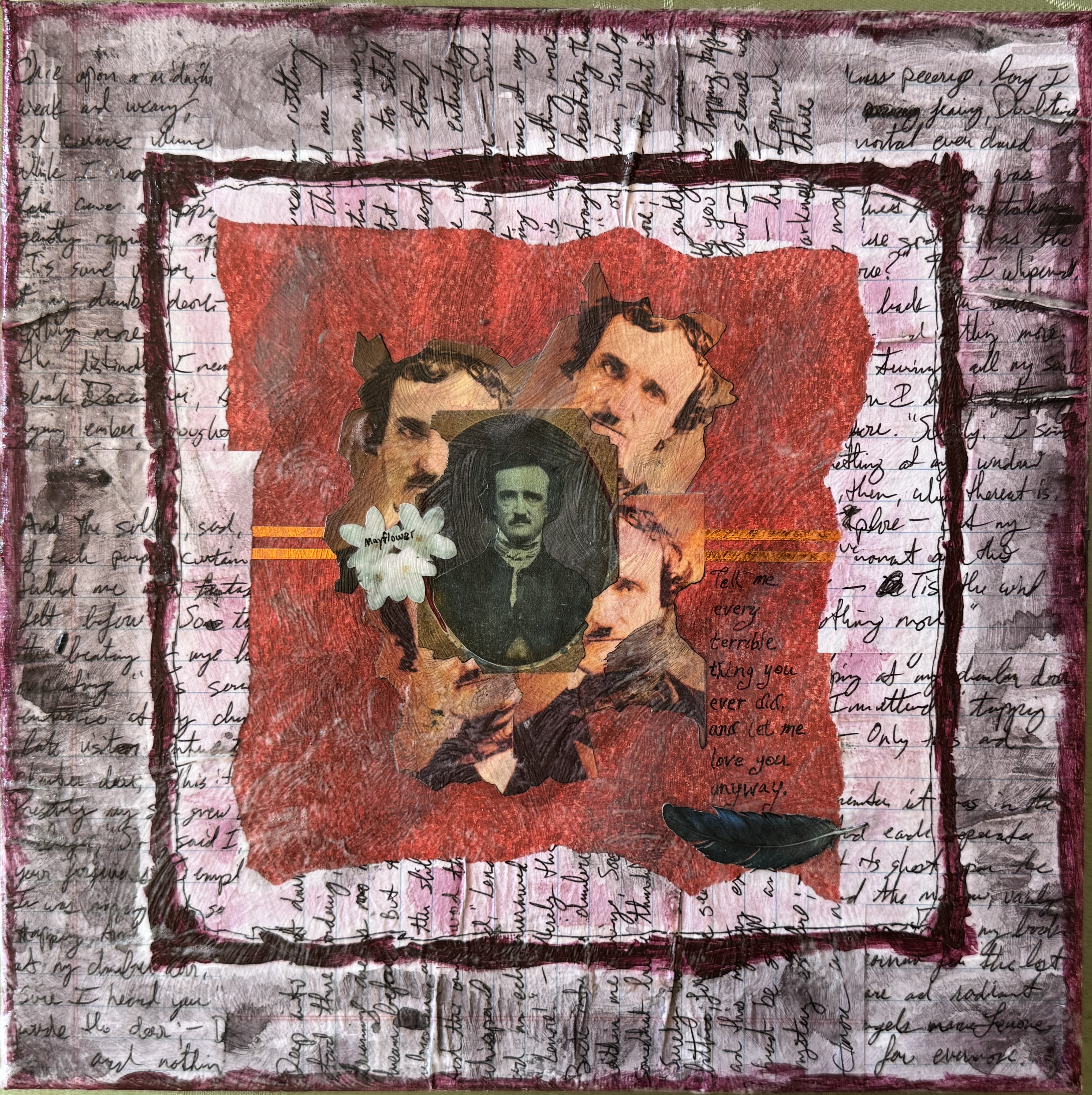 Scriveners: Edgar Allan Poe, Mixed Media Assemblage on Canvas 12x12