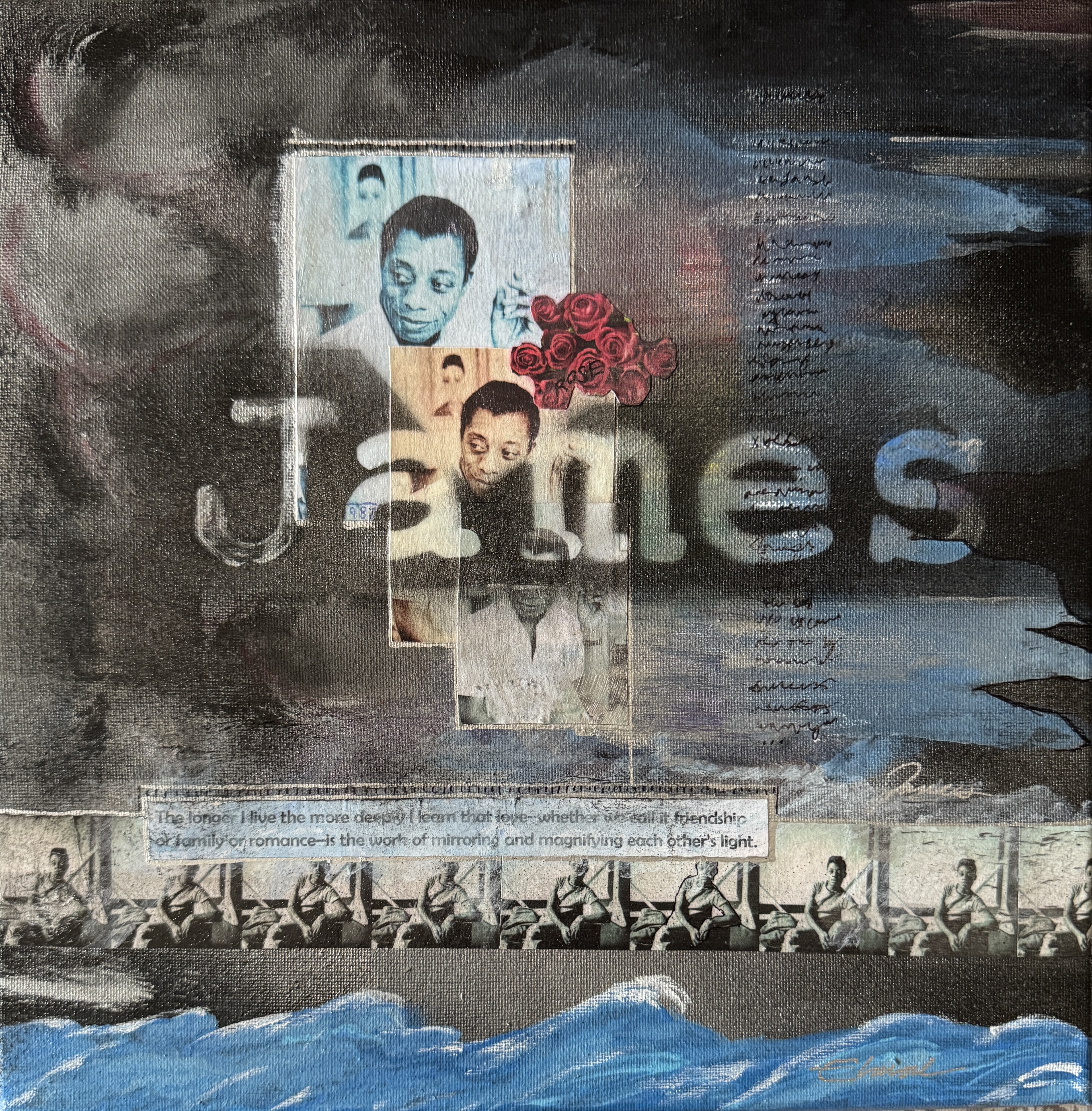 Scriveners: James Baldwin, Mixed Media Assemblage on Canvas 12x12