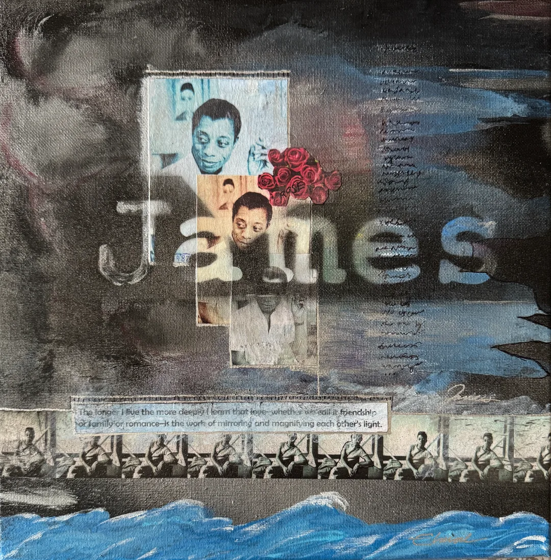 Scriveners: James Baldwin, Mixed Media Assemblage on Canvas 12x12