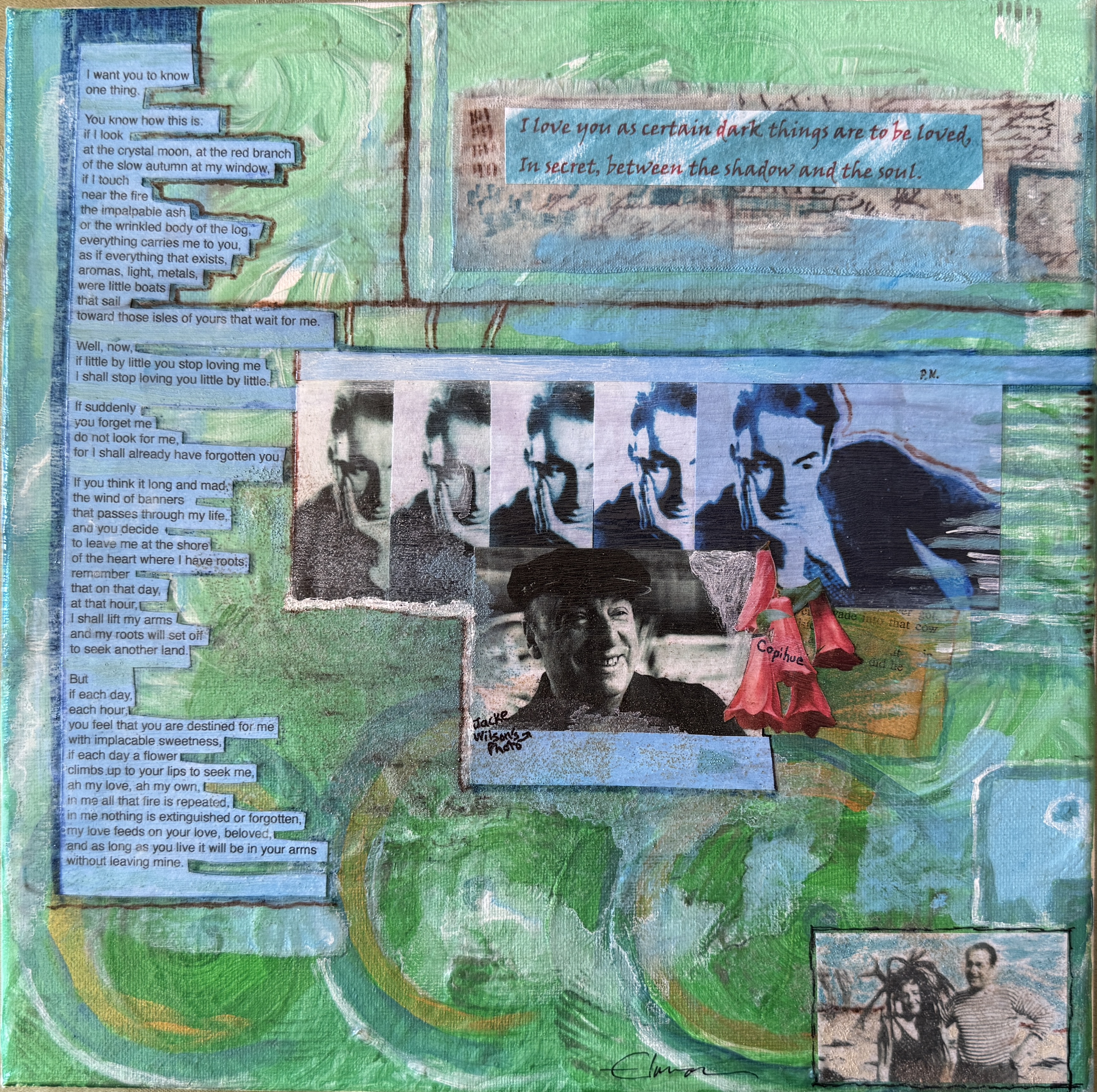 Scriveners: Pablo Neruda, Mixed Media Assemblage on Canvas 12x12