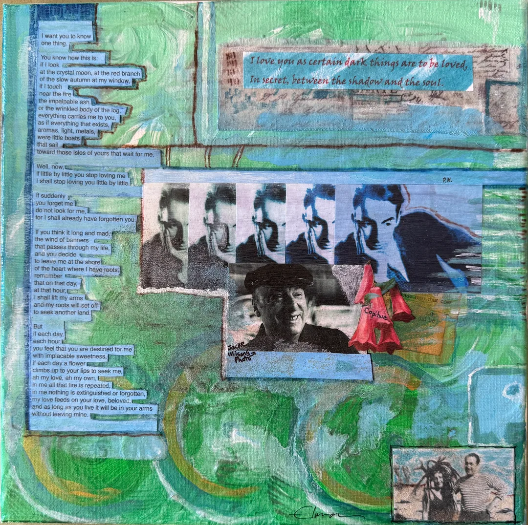Scriveners: Pablo Neruda, Mixed Media Assemblage on Canvas 12x12