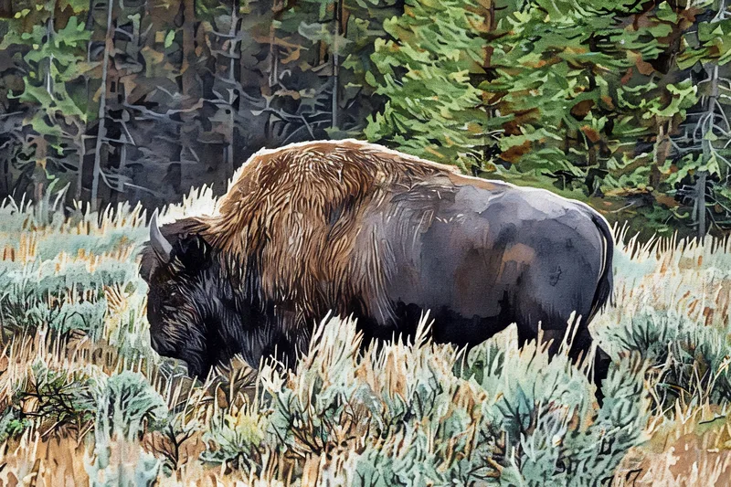 Yellowstone Bison Watercolor Art