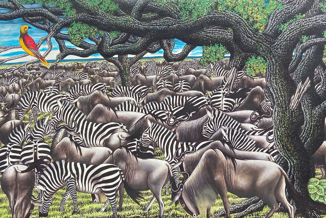 非洲藝術畫作《Jungle:Zebra and wildbeest and bird》坦尚尼畫家 Max Kamundi 手繪 - 凡卡藝廊