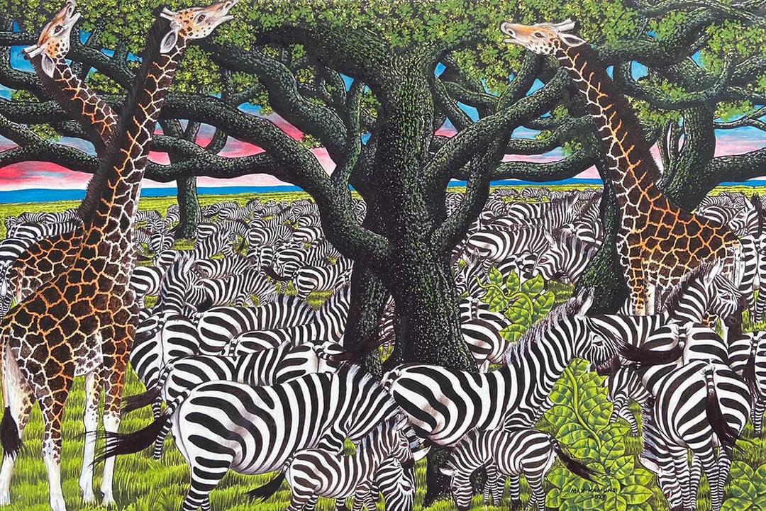 非洲藝術畫作《Jungle:Giraffe and Zebras》坦尚尼畫家 Max Kamundi 手繪 - 凡卡藝廊