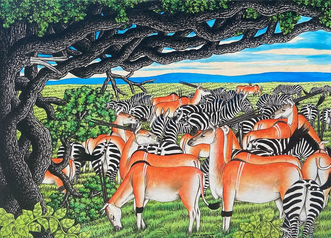 非洲藝術畫作《羚羊與斑馬》坦尚尼畫家 Max Kamundi 手繪 - 凡卡藝廊