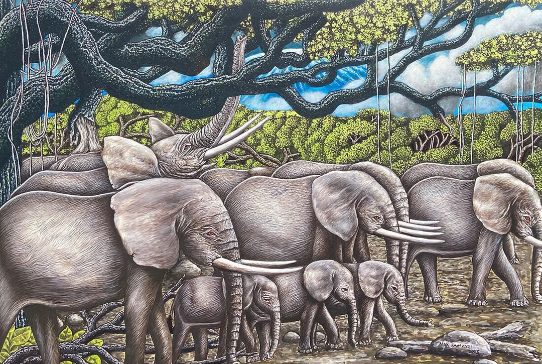 非洲藝術畫作《Jungle:elephants》坦尚尼畫家 Max Kamundi 手繪 - 凡卡藝廊