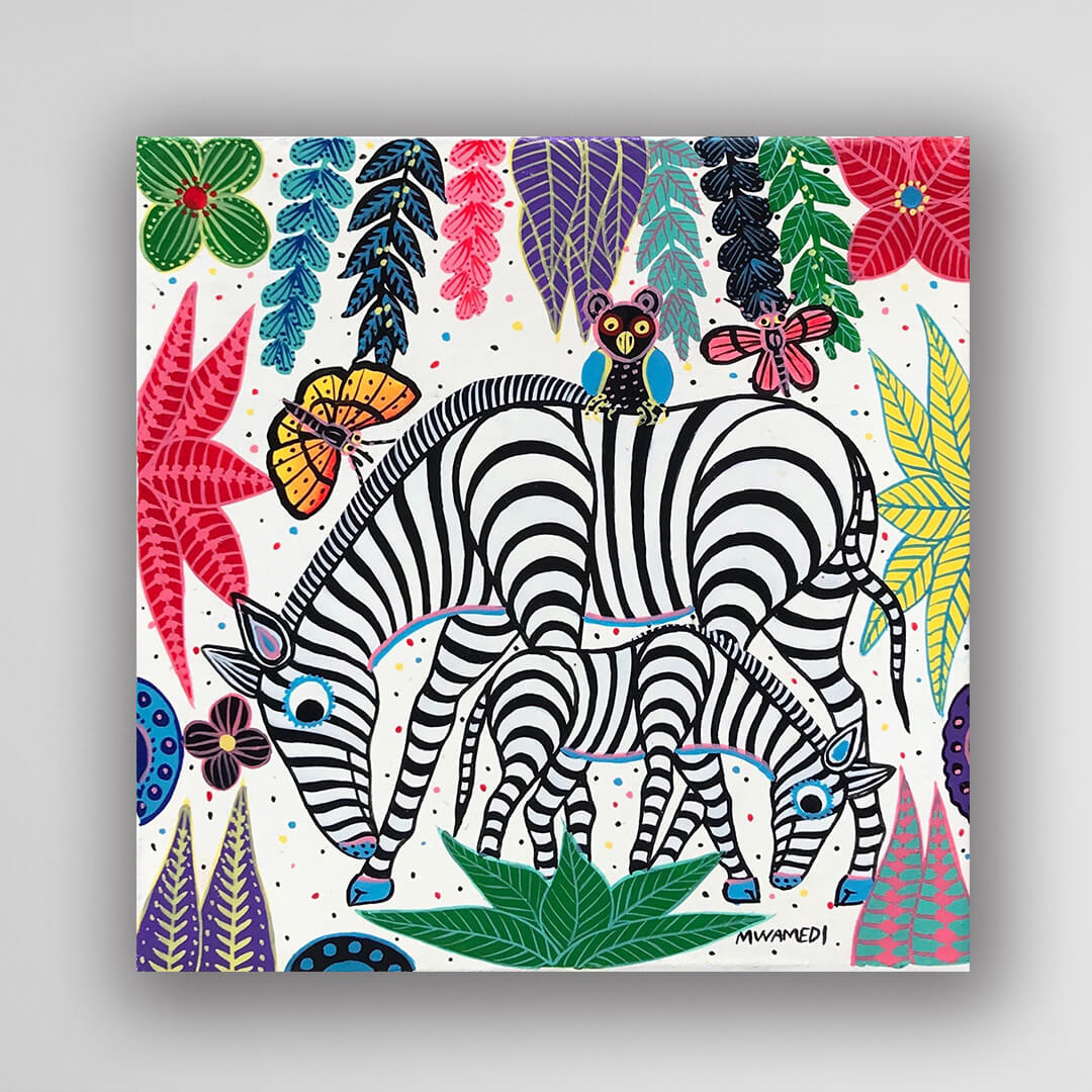 非洲藝術畫作《斑馬家族 U793》坦尚尼亞 tinga tinga 畫家 Mwamedi 手繪 - 凡卡藝廊