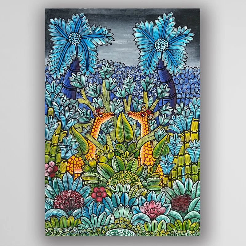 手繪畫作 畫家 Mshana Mzuguno 《長頸鹿的祕密花園》－凡卡藝廊坦尚尼亞非洲藝術