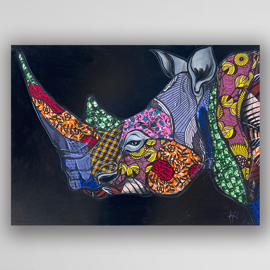 非洲藝術畫作《Kitenge 犀牛 V300》坦尚尼亞 tinga tinga 畫家 Amos Mtambala 手繪 - 凡卡藝廊