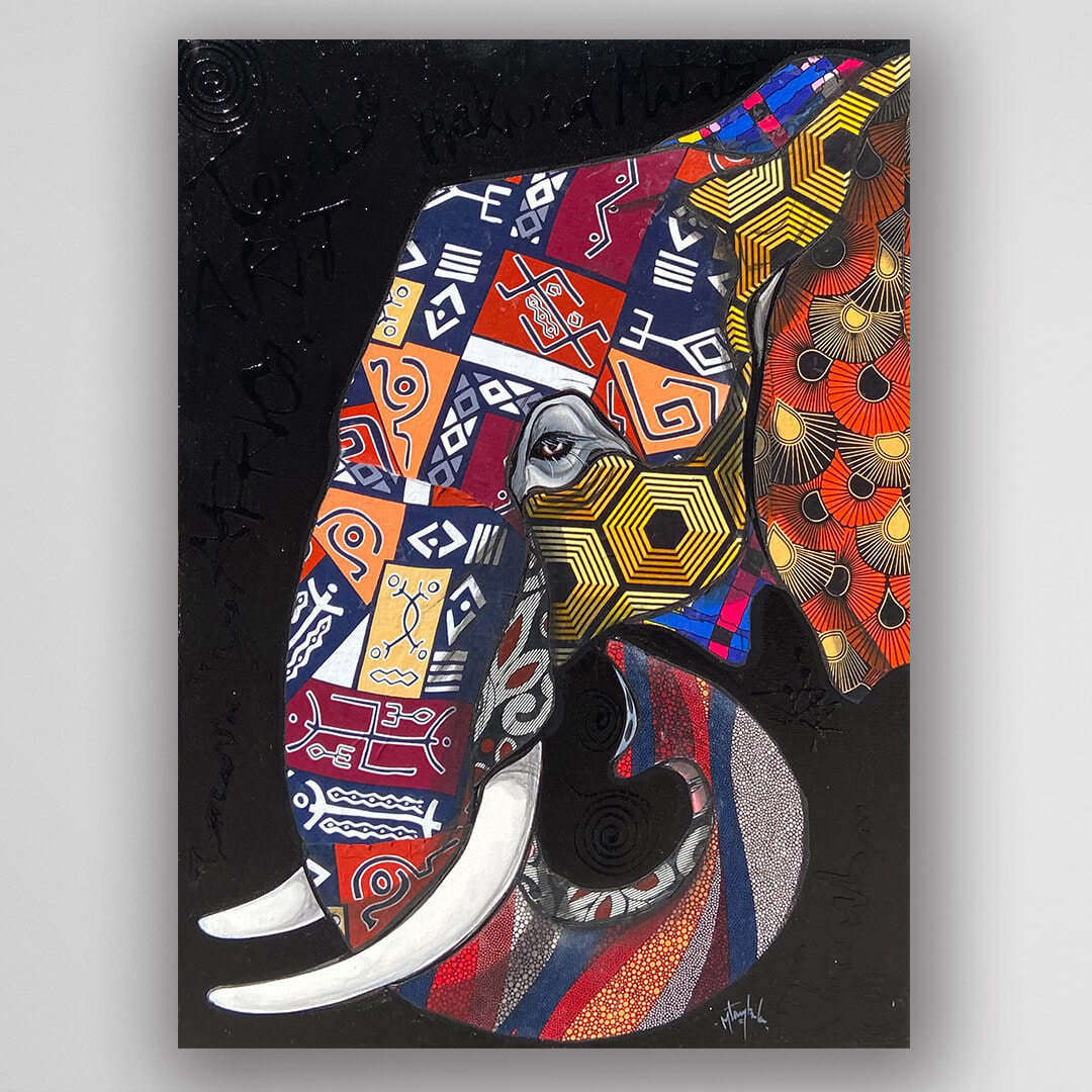 非洲藝術畫作《Kitenge 大象 V361》坦尚尼亞 tinga tinga 畫家 Amos Mtambala 手繪 - 凡卡藝廊