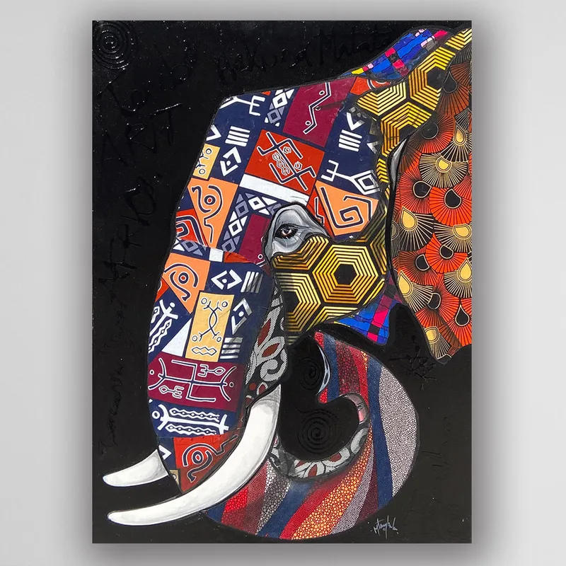 非洲畫 畫家 Amos Mtambala 手繪《Kitenge 大象》－凡卡藝廊坦尚尼亞原作