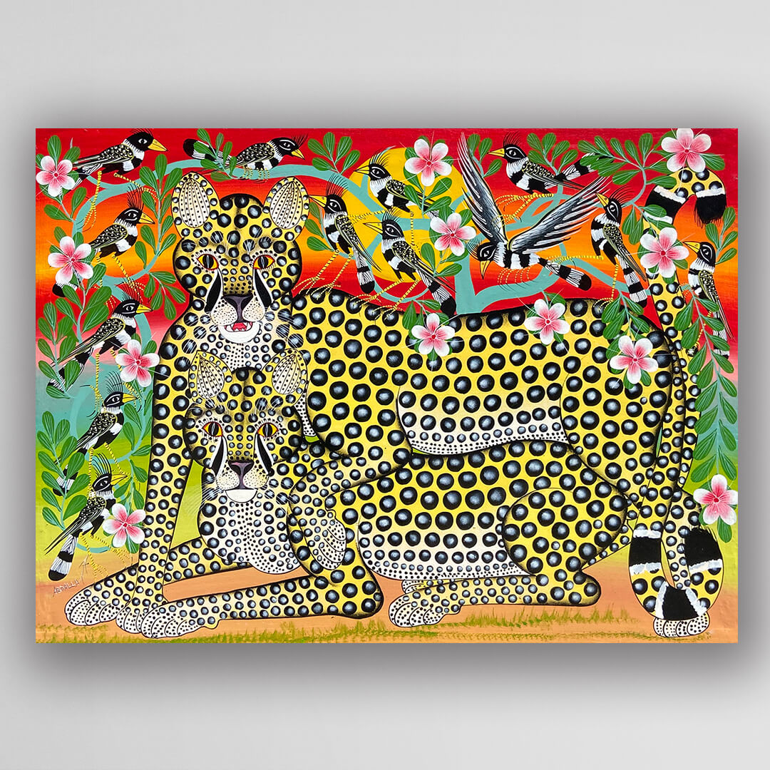 坦尚尼亞藝術 畫家 Abdallah 手繪《夕陽與獵豹愛侶》－凡卡藝廊原作

