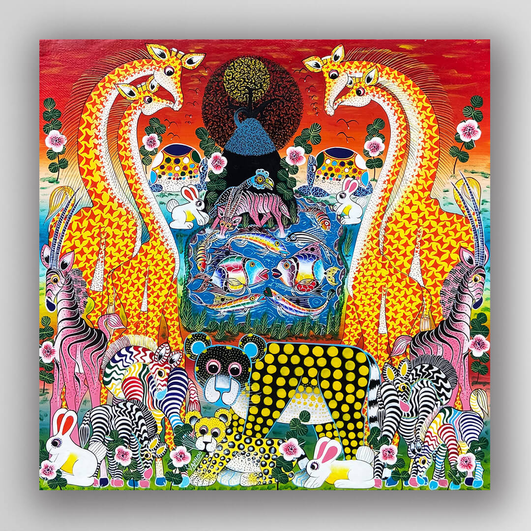 非洲藝術畫作《非洲夢境・水邊樂園 V527》坦尚尼亞 Tinga Tinga 畫家 Yaphidu 手繪 - 凡卡藝廊
