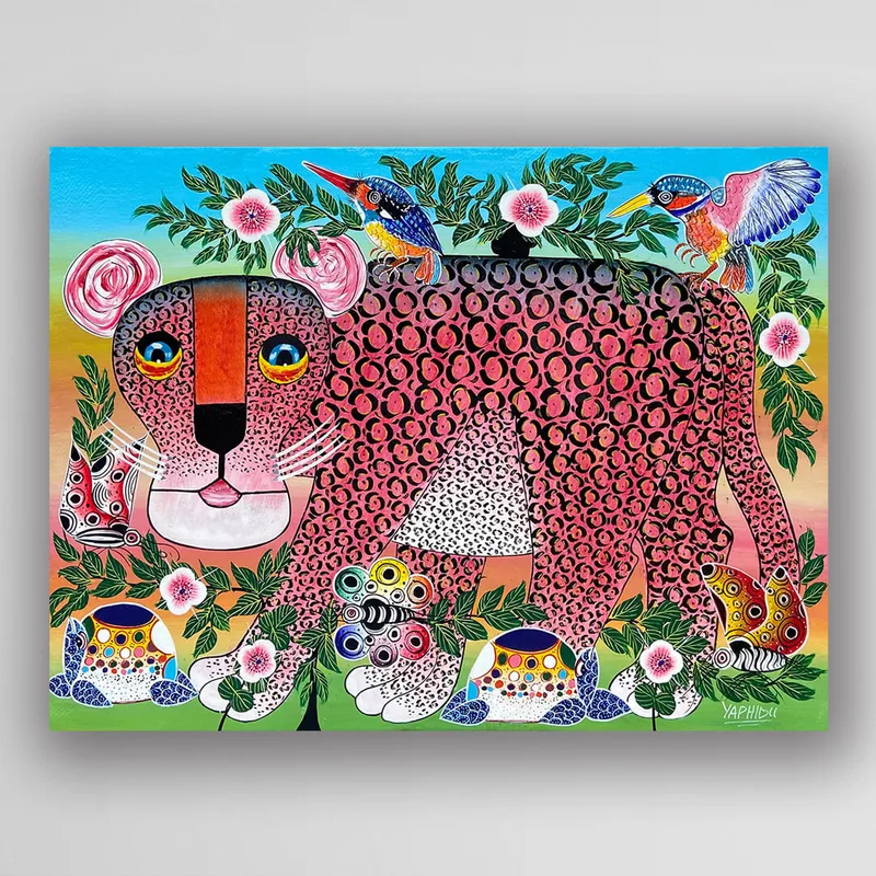 非洲藝術畫作《V532 夢遊草原：花豹》坦尚尼亞 Tingatinga 畫家 Yaphidu 手繪 - 凡卡藝廊