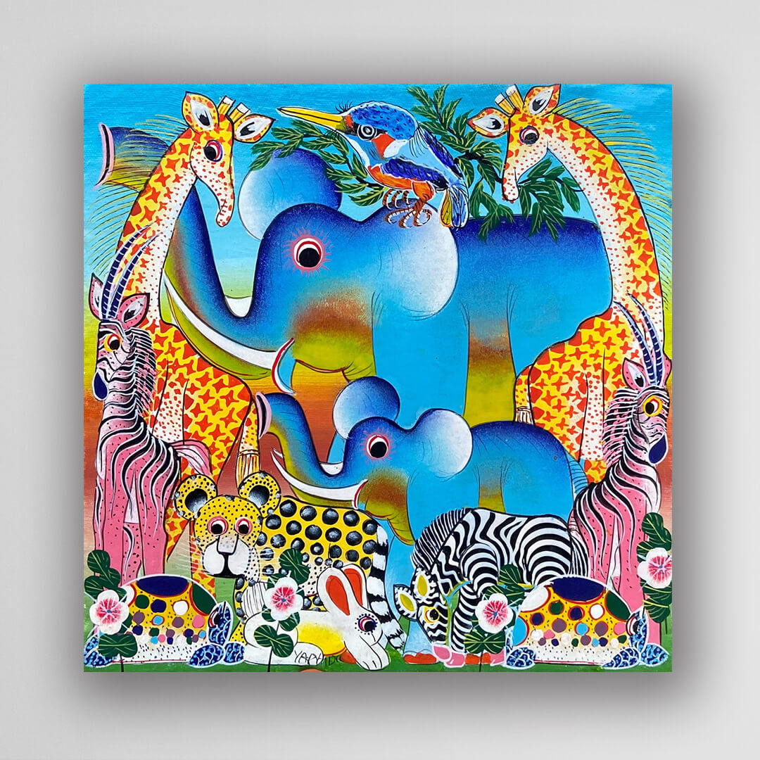 非洲藝術畫作《草原大遊行．啟程 V536》坦尚尼亞 tinga tinga 畫家 Yaphidu 手繪 - 凡卡藝廊