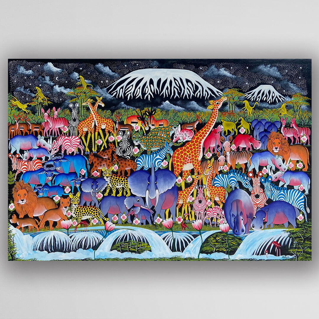 手繪畫作 畫家 Adams 《雪山下的盛會》－凡卡藝廊坦尚尼亞非洲藝術
