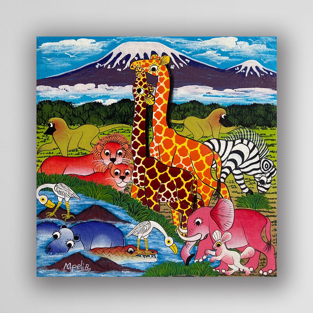 非洲藝術畫作《V613 草原家族》坦尚尼亞 TingaTinga 畫家 Mpelia 手繪 - 凡卡藝廊
