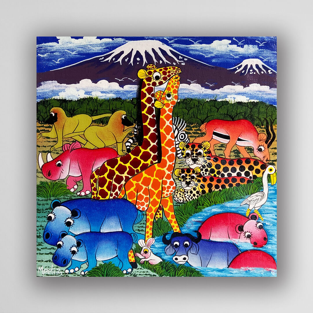 非洲藝術畫作《V616 草原家族》坦尚尼亞   tingatinga 畫家 Mpelia 手繪 - 凡卡藝廊