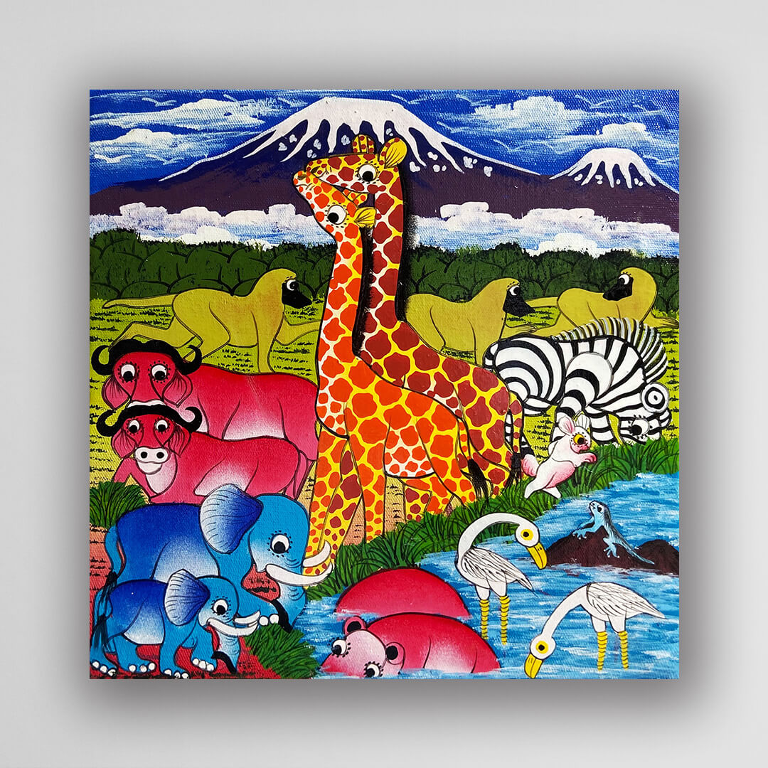 非洲藝術畫作《V619 草原家族》坦尚尼亞 TingaTinga 畫家 Mpelia 手繪 - 凡卡藝廊
