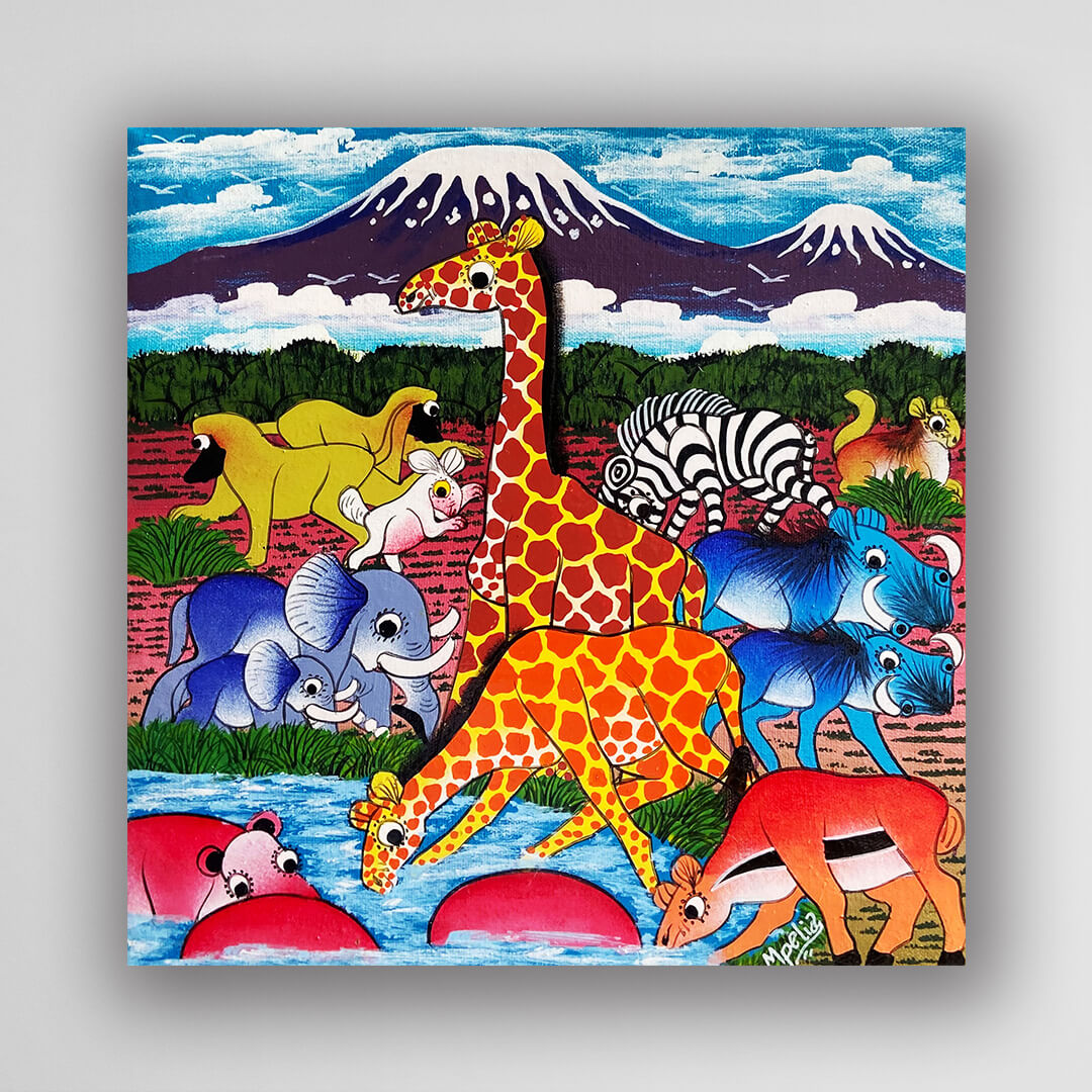 非洲藝術畫作《V620 草原家族》坦尚尼亞 TingaTinga 畫家 Mpelia 手繪 - 凡卡藝廊
