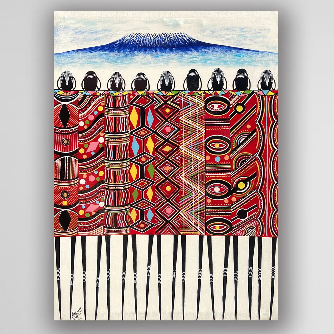 非洲藝術畫作《V676 馬賽人與吉力馬札羅山》坦尚尼亞 tingatinga 畫家 Amani 手繪 - 凡卡藝廊