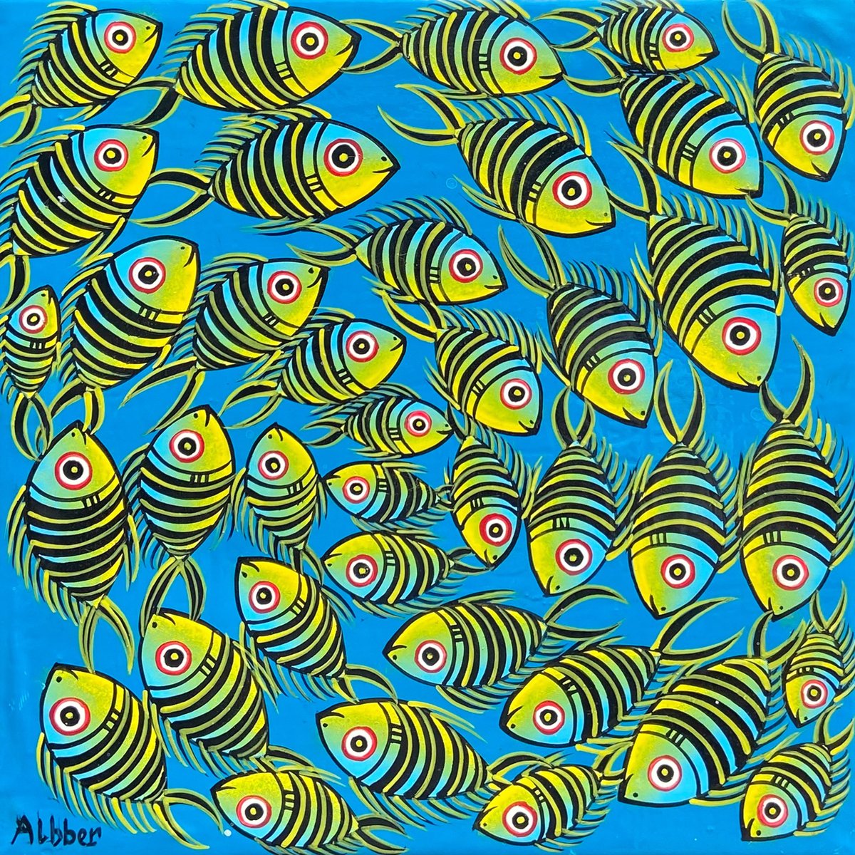 Albber 在深海中起舞，藍綠色背景的鬆散魚群