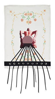 Erotic art, self portrait, embroidery, eyelets, jockstrap, florals, vintage style hand embroidery.