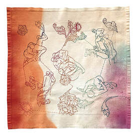 Embroidery on dip dyed and spray dyed rainbow background. Embroidered images of men having sex intertwined with florals and leaf patterns.