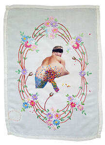 Floral embroidery, erotic imagery, hand stitch, hand embroidery, machine embroidery, printed hunk, appliqué, print and machine embroidery on linen.  Venus flytraps and flowers.