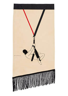 Embroidery with trim, homoerotic. Man in sex sling, machine embroidery, hand embroidery, black trim, red and black ribbon.