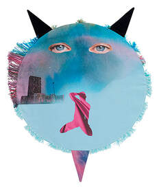 A round textile artwork made up on digital artwork and embroidered edging.