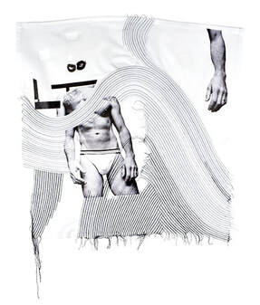 Self portrait using print and machine embroidery. Tailor tacking in black on a white cotton background. Printed self portrait of me wearing a mask and jockstrap.