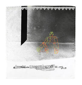 Computerised embroidery. Digital embroidery. A self portrait of the artist stood over a city scape.