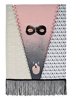 A self portrait in embroidery and textiles. Printed digital self portrait on 3 panels of fabric. Fabric panels are connected using insertion stitch, picture is an erotic selfie in jock strap above this image is the artists face in a leather facemask showing just the eyes.