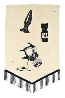 An embroidered textile piece depicting a bottle of poppers, a gas mask and a butt plug. All stitched in black on a cream cotton. Decorated at the bottom with a vintage, black beaded trim.