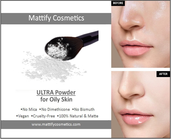 Best wedding makeup to control oil and shine, Mattify Cosmetics ULTRA Powder before and after results 