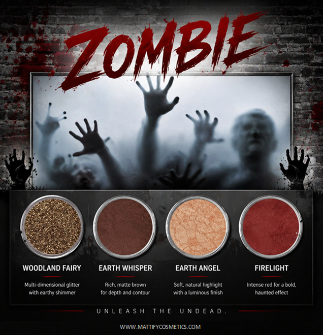 zombie makeup for halloween eyeshadow kit tutorial matte brown fake blood vegan costume makeup mattify cosmetics sparkly eye shadow