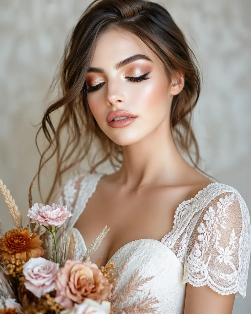Best Wedding makeup looks for fall season - Bronze shimmery eye shadow for autumn by Mattify Cosmetics Vegan Skincare 