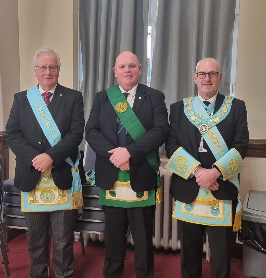 Our ipm, bro john niven, has been installed into the Provincial Grand lodge of fife & kinross, at the statutory communication on sat 25th jan 25. he is pictured below with pm george johnson and wsw euan cameron, we wish him all the best in his new role.