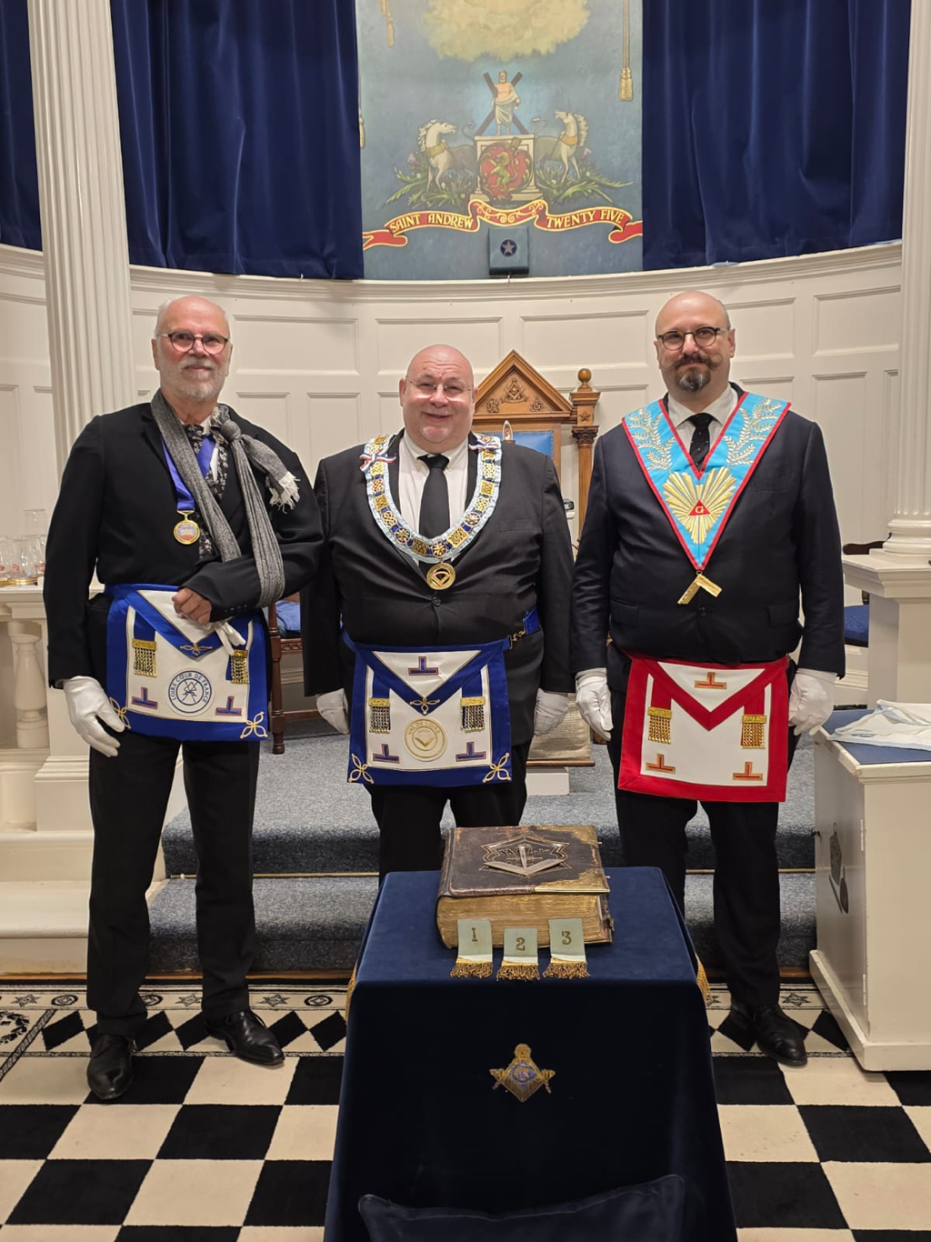 Pictured from L to R is Bro Jean Coutier, Secretary of Respectable Lodge No 545 in St. Jean Les Coecoes Unis, Loches Eastern, Bro Laurent Briziou, Treasurer and Assistant Provincial Great Master of Val De Loire Valley
