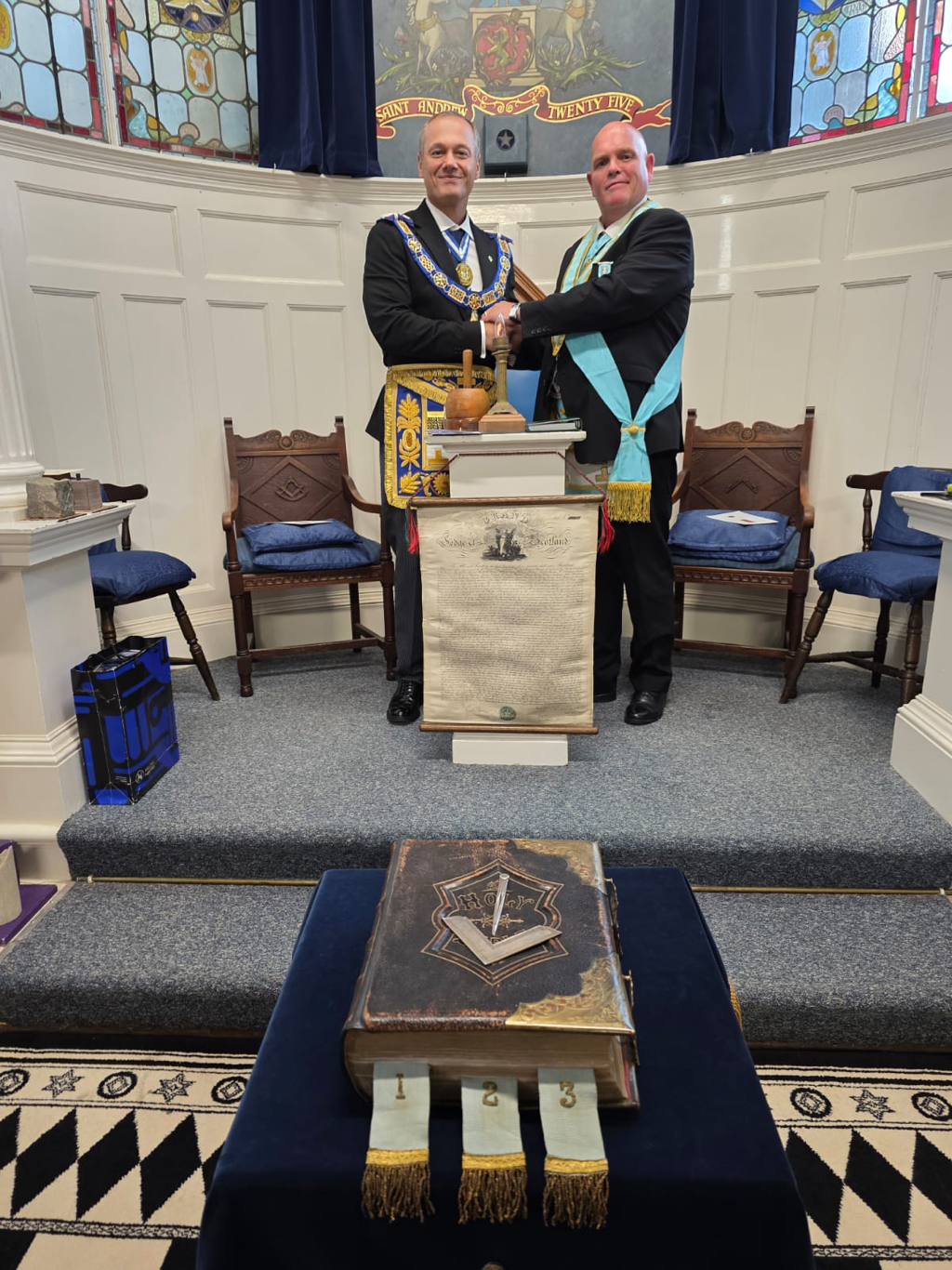 Lodge 25’s Newest Master Mason Bro Blane McQuillan, pictured with our RWM, Proposer, Seconder, Father and Grandfather