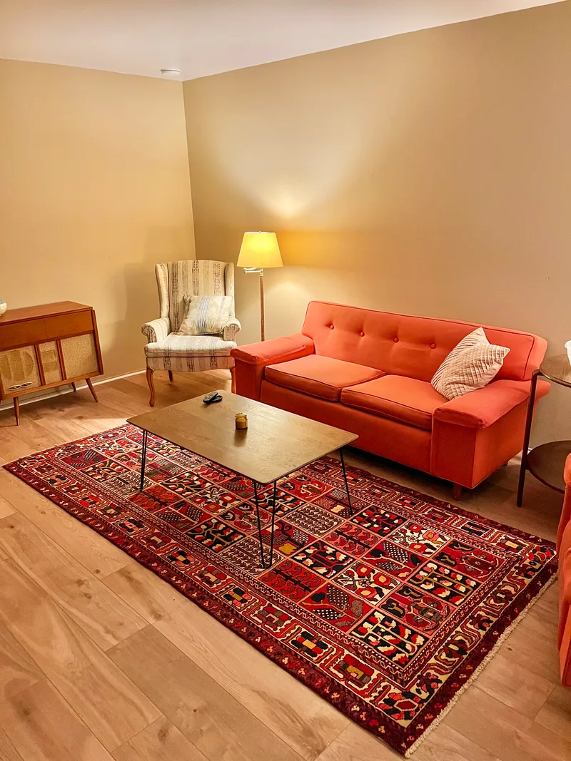 Large rug in pink designed room.