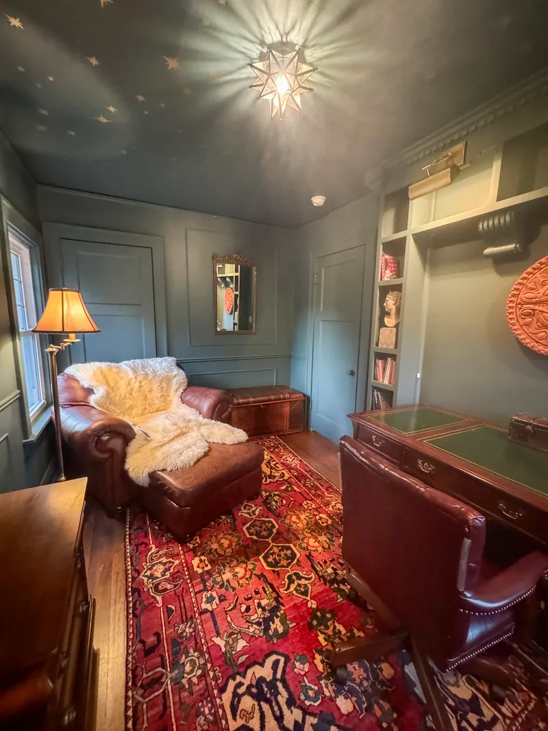 Rug and warm colored furniture.