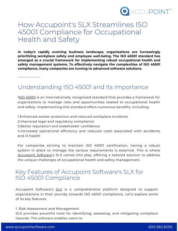 ISO 45001 standard for workplace safety and employee well-being, highlighting the role of advanced software solutions in ensuring effective occupational health and safety management compliance.