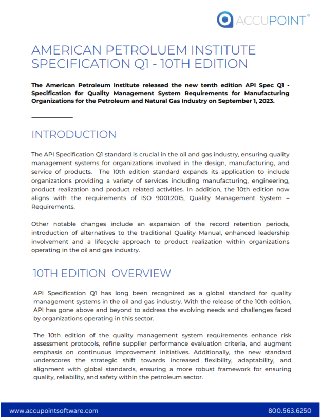 API Specification Q1 standard for quality management systems in the oil and gas industry, covering design, manufacturing, engineering, and service of products in the 10th edition.