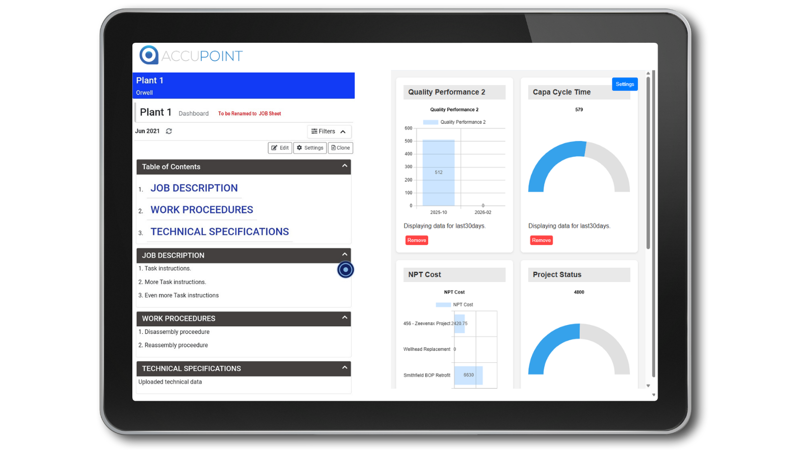 Accupoint field service management software dashboard on a tablet, showing FSM tools for scheduling, dispatch, and field operations.
