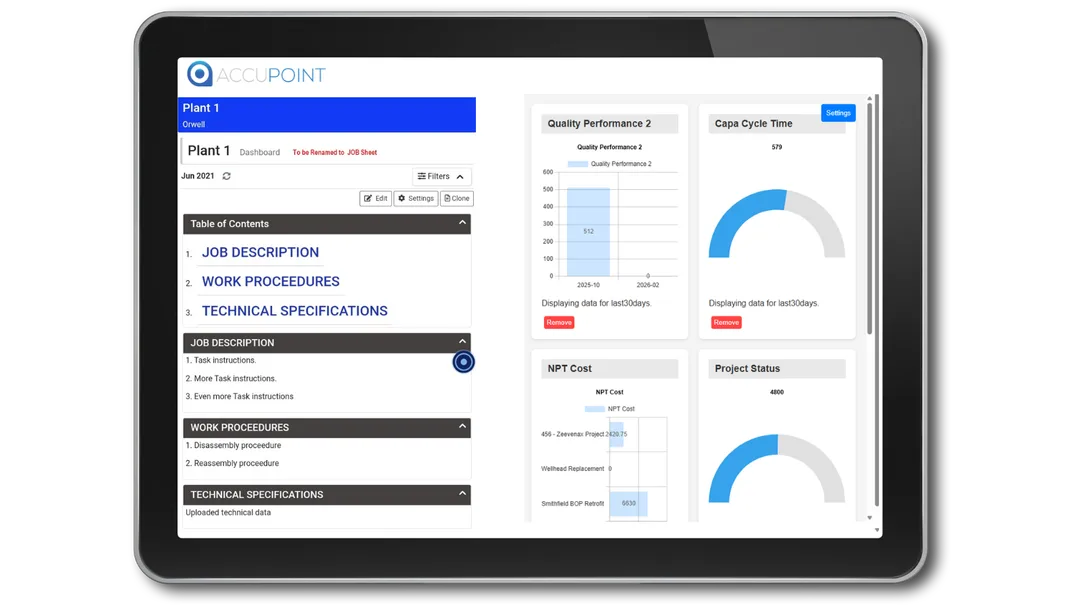 Accupoint field service management software dashboard on a tablet, showing FSM tools for scheduling, dispatch, and field operations.