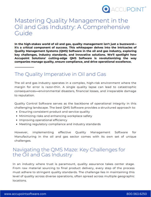 Whitepaper on Quality Management Systems (QMS) Software in the oil and gas industry, highlighting challenges, industry standards, and how Accupoint Solutions' QMS Software enhances quality management, compliance, and operational excellence.